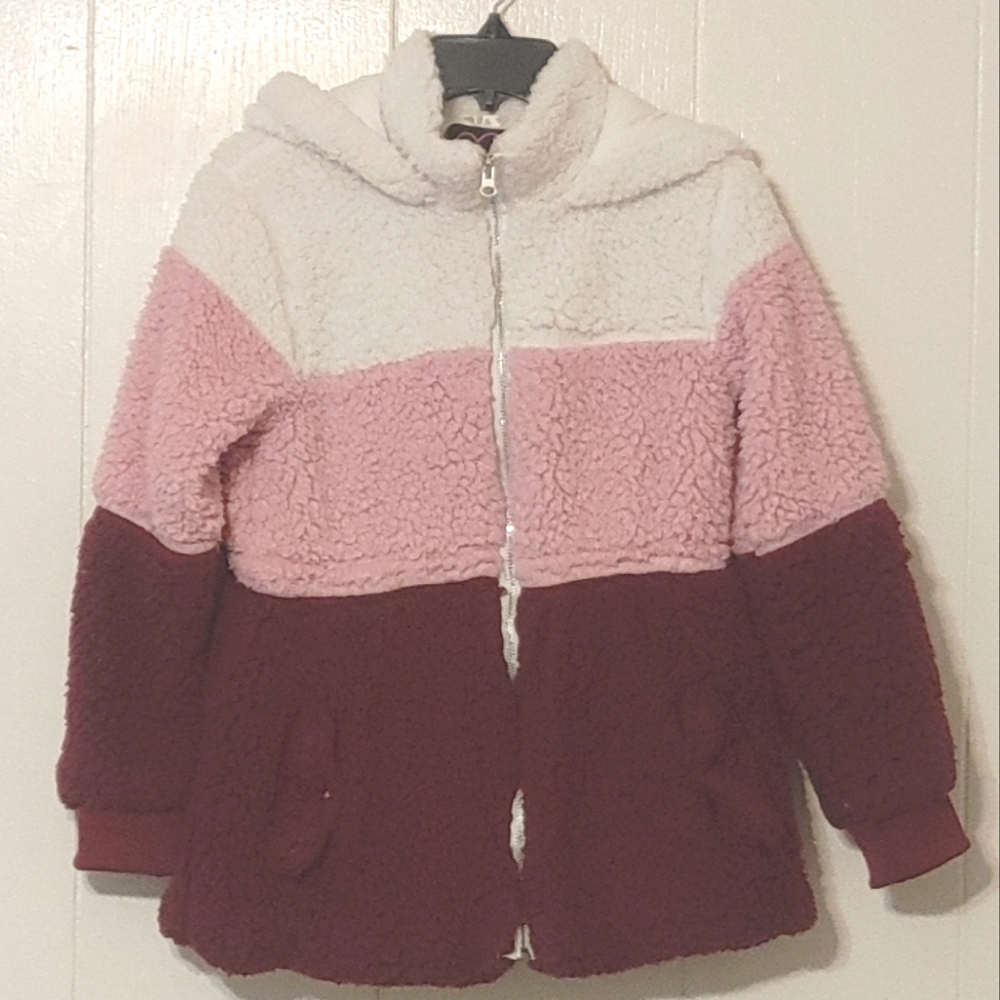 Chillipop Girls Coat Size L 14/16 Hooded Full Zip Pink White Red Warm & Fuzzy